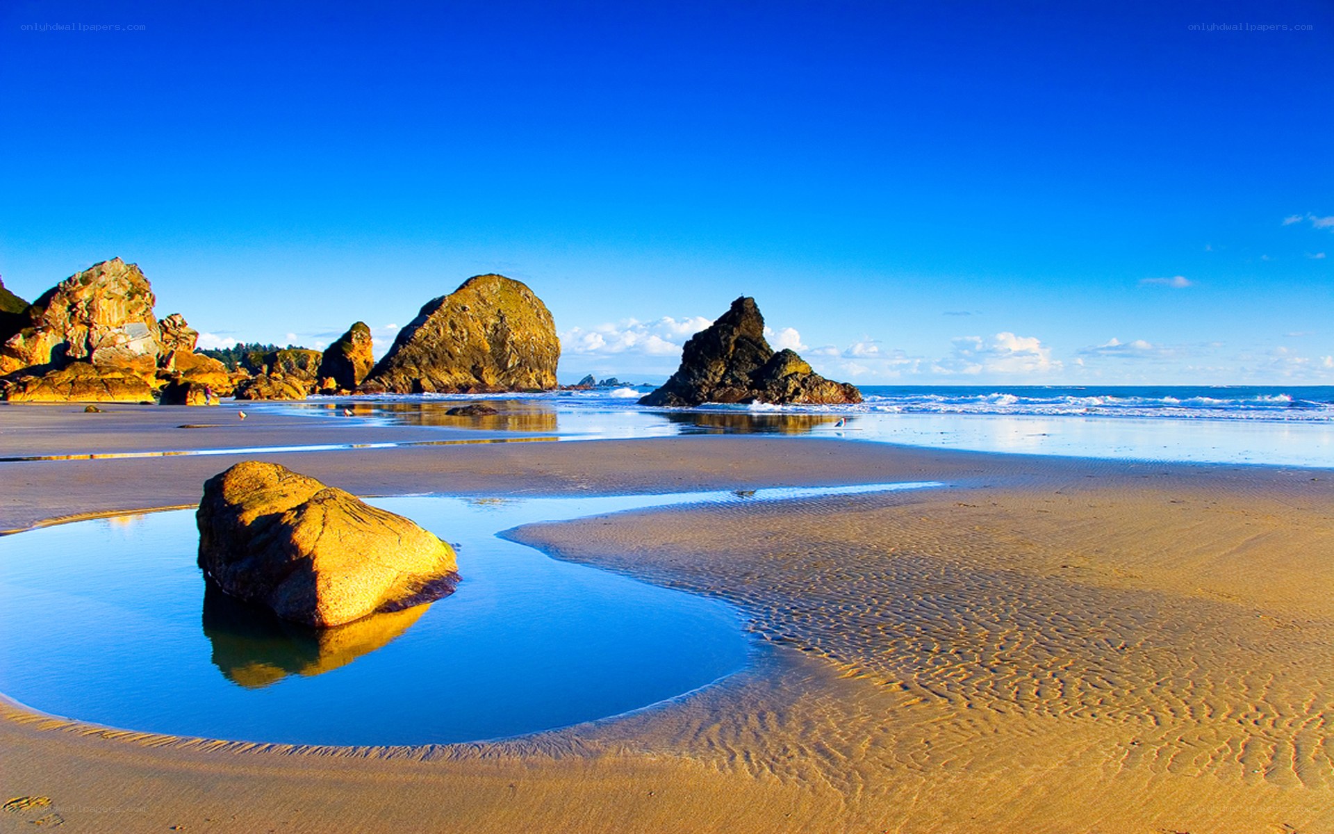 Beach with tide pools and sea stacks