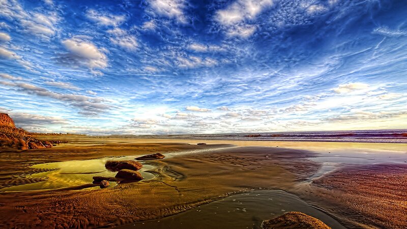 Beach with Tide Pools — Blue, Dramatic, Sunset