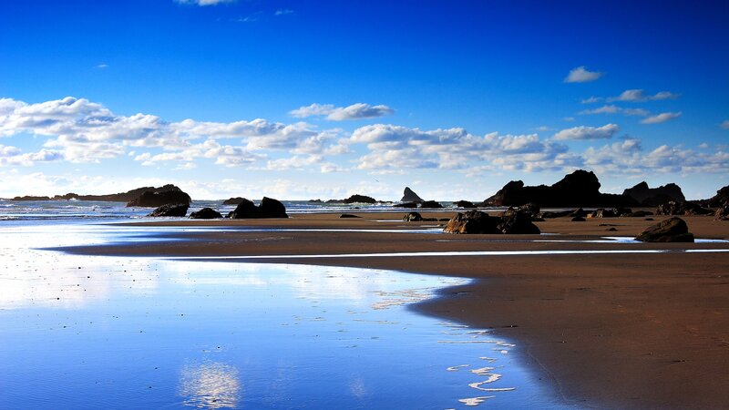 Beach with Tide Pools — Blue, Serene, Afternoon