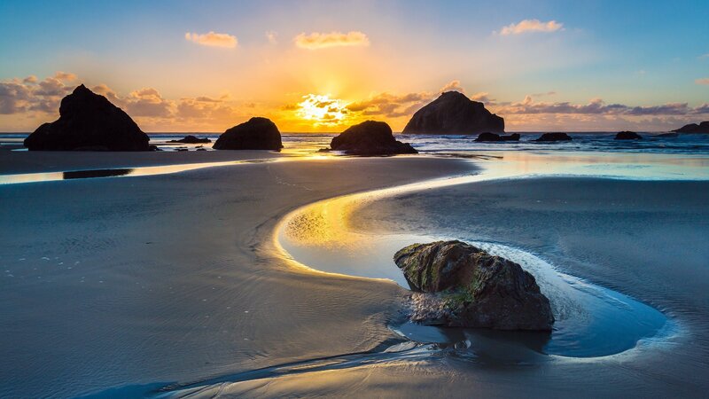 Beach with Tide Pools — Blue, Serene, Sunset