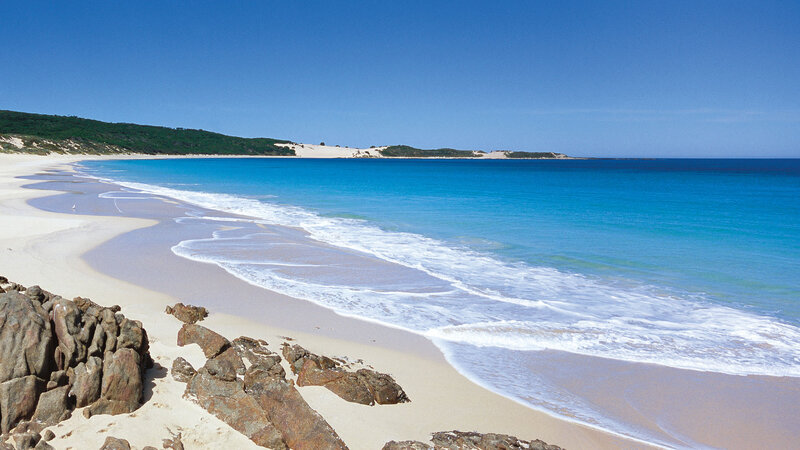 Beach with Turquoise Water — Blue, Serene, Afternoon, Photograph, Sand Dunes, Rocks