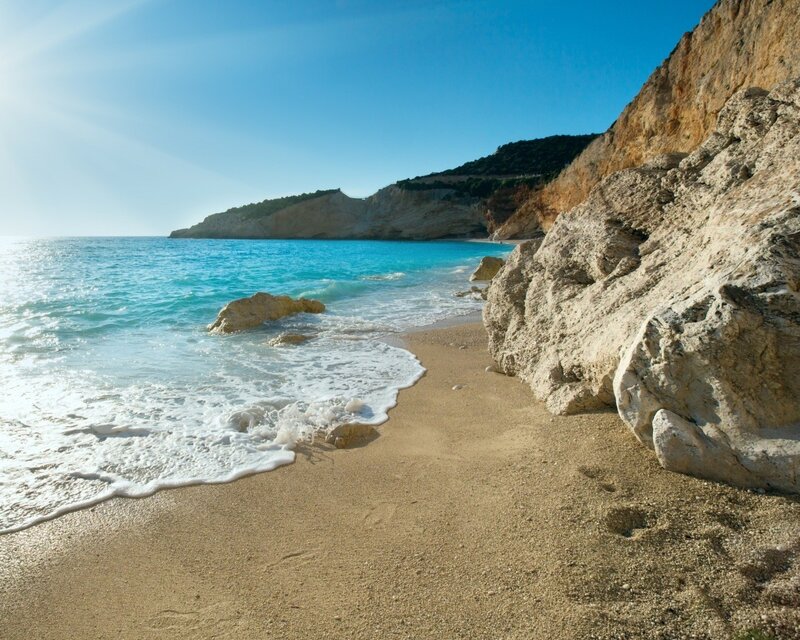 Beach with Turquoise Water — Blue, Serene, Afternoon, Photograph, Sand, Rocks, Cliffs