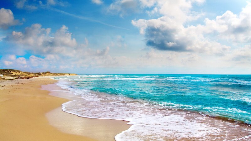 Beach with Turquoise Waves — Blue, Serene, Afternoon, Photograph, Sand, Ocean