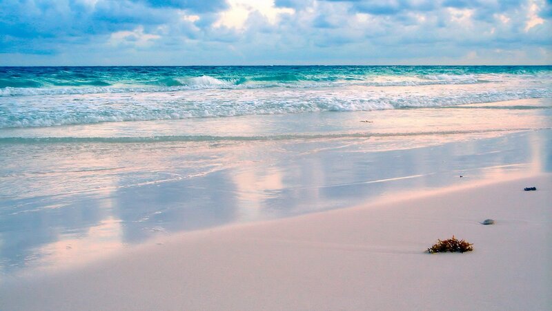Beach with Turquoise Waves — Blue, Serene, Sunset