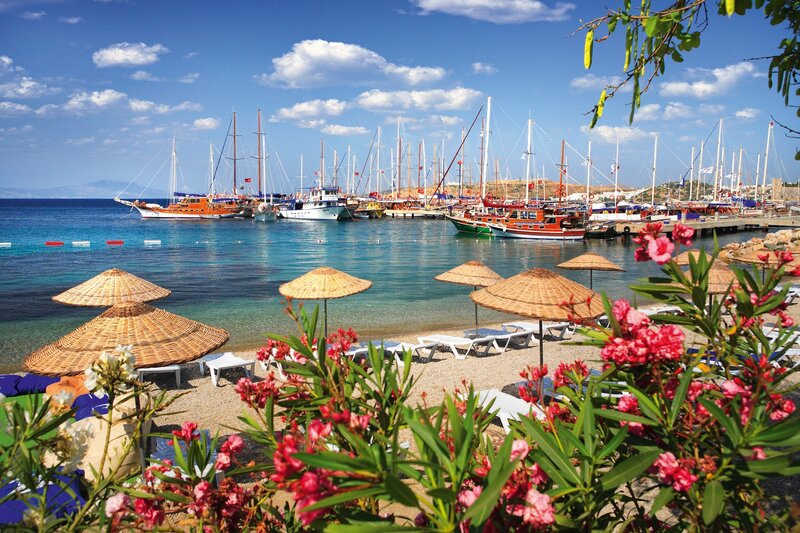 Beach with Umbrellas and Boats — Blue