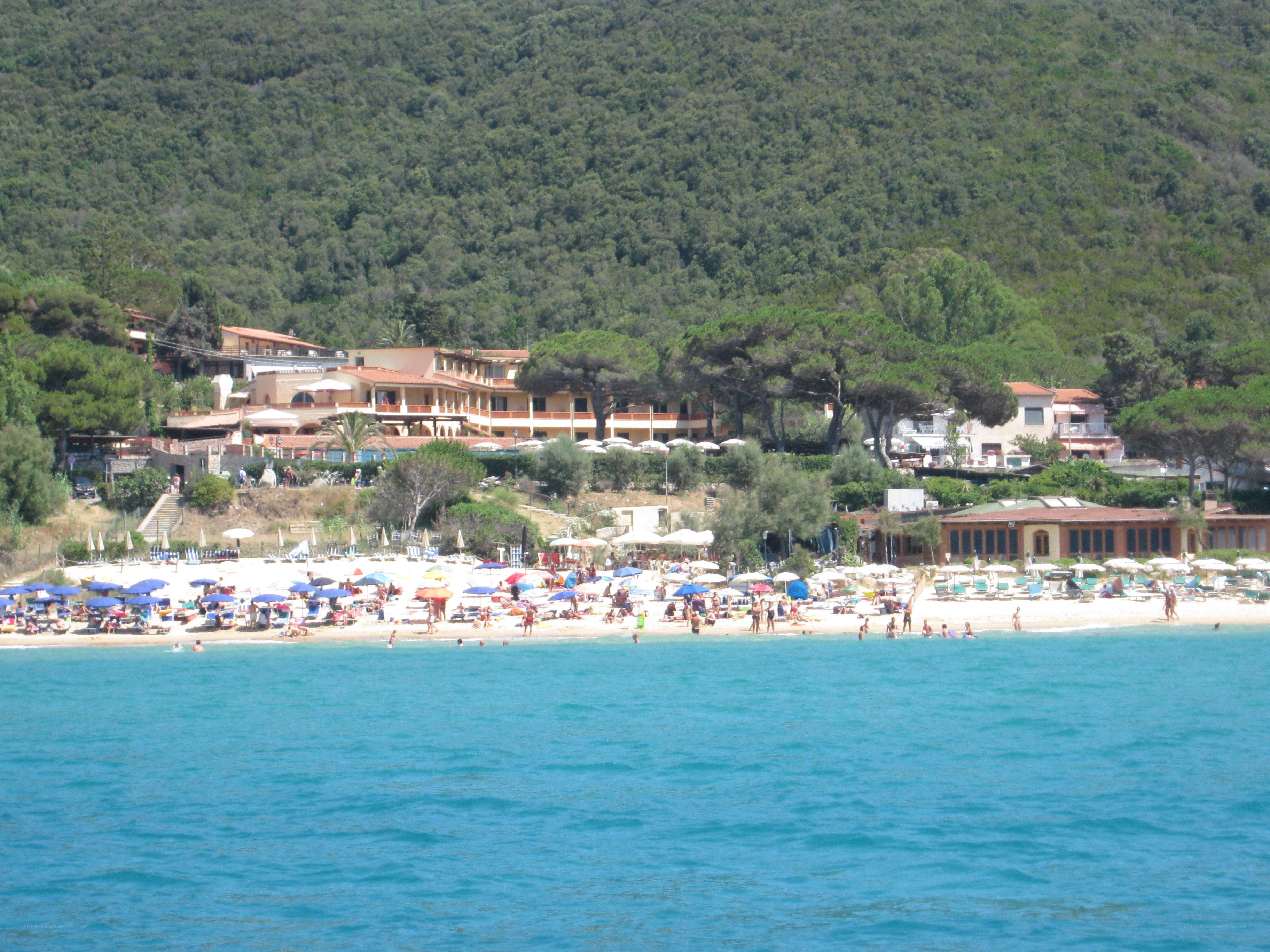 Beach with umbrellas and buildings
