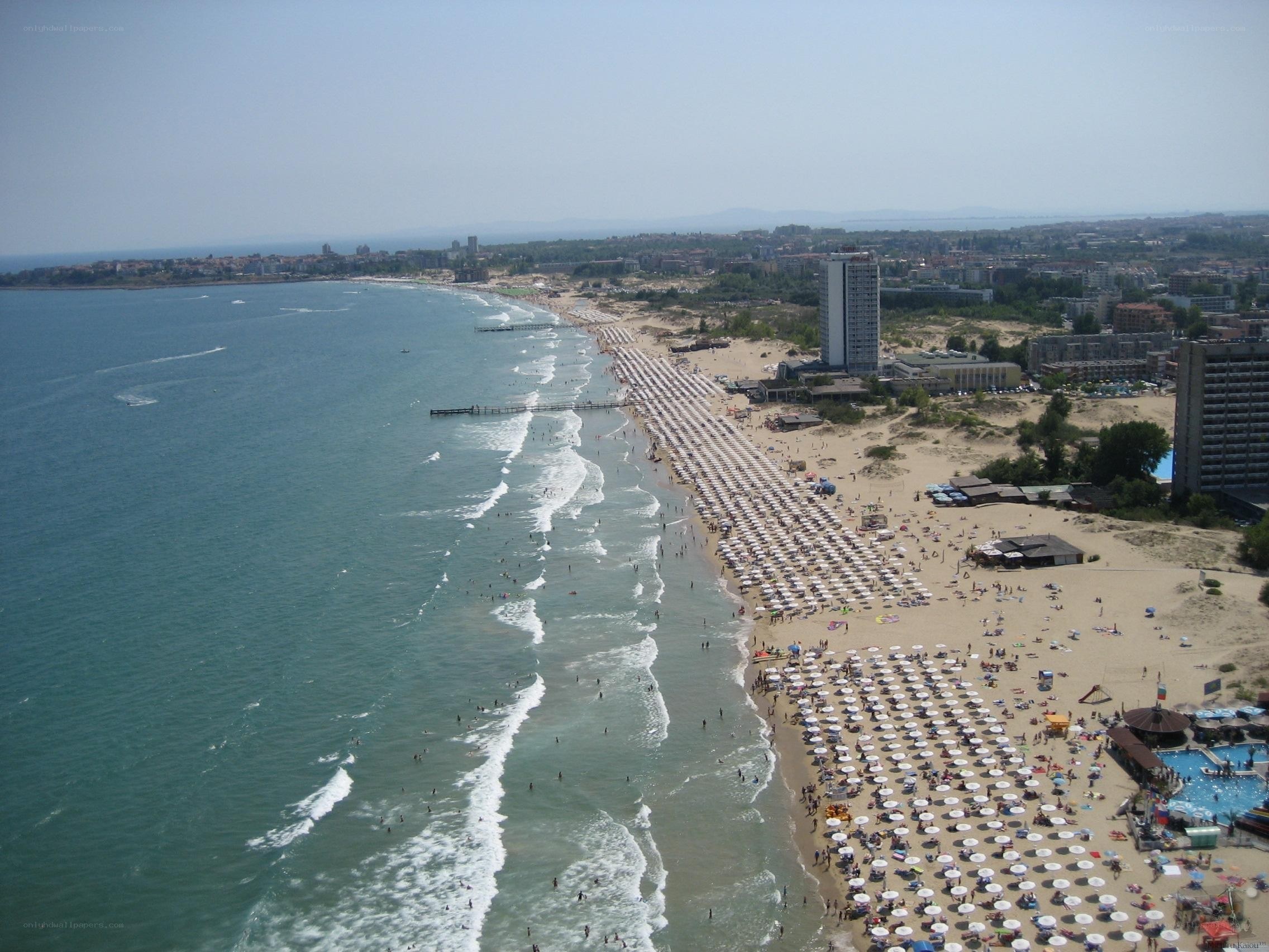 beach with umbrellas and hotels