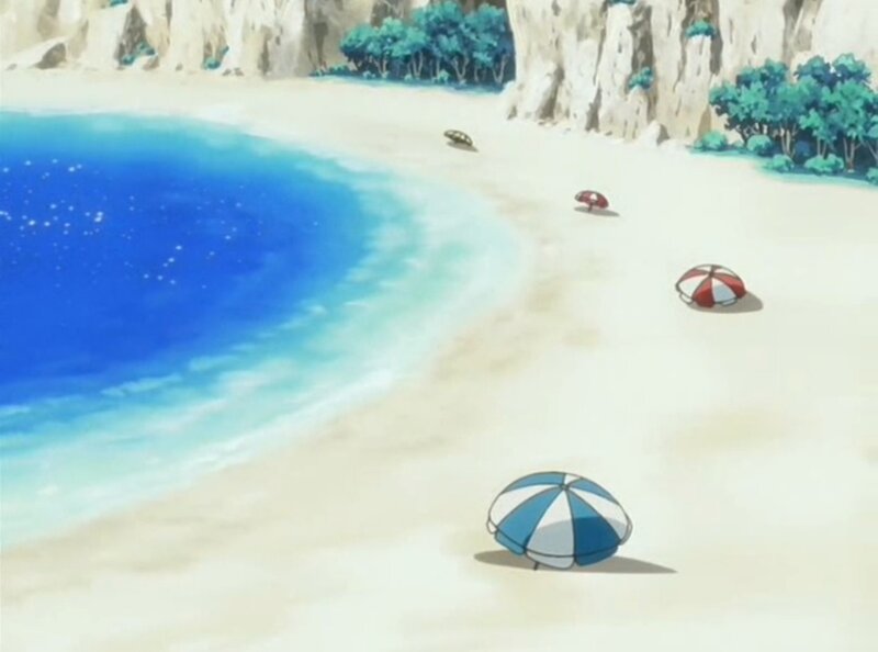 Beach with Umbrellas — Blue, Serene, Afternoon, Anime, Ocean
