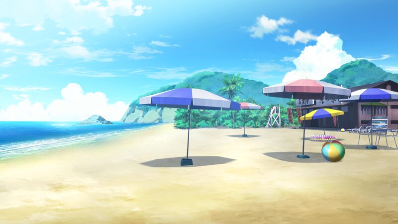 Beach with Umbrellas — Blue, Serene, Afternoon, Anime