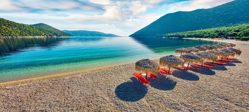 Beach with Umbrellas — Blue, Serene, Afternoon, Photograph, Chairs, Mountains