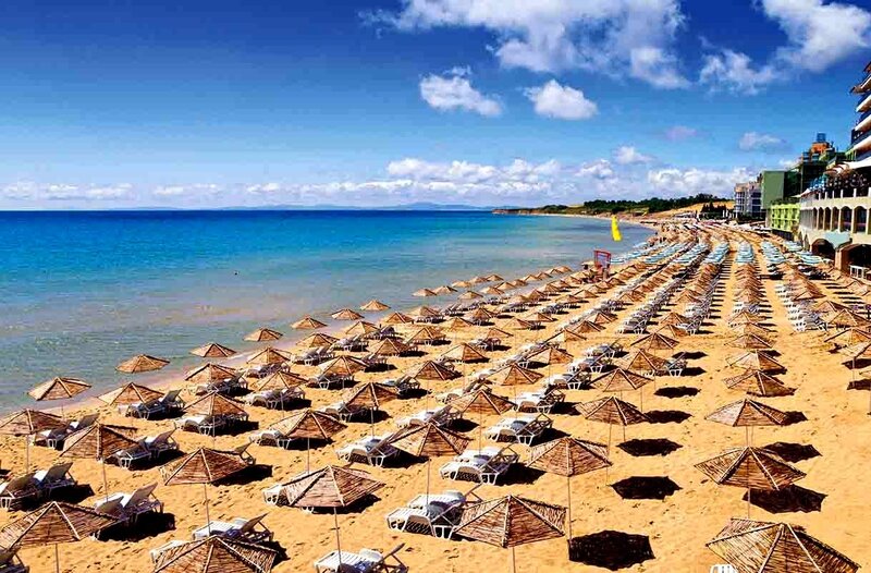 Beach with Umbrellas — Blue, Serene, Afternoon, Photograph