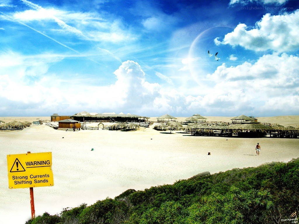 Beach with warning sign