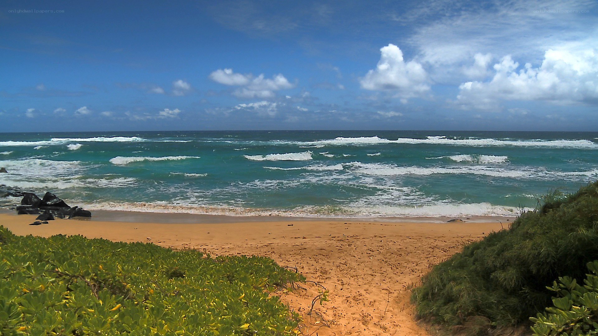 beach with waves and blue sky