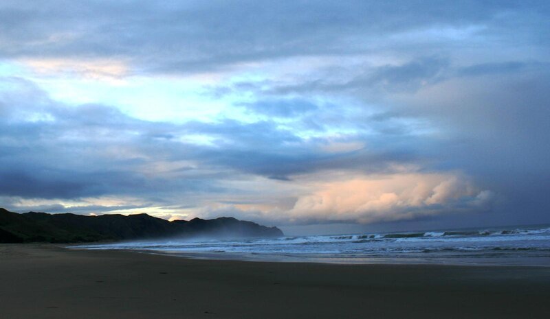 Beach with Waves and Cliffs — Blue, Dramatic