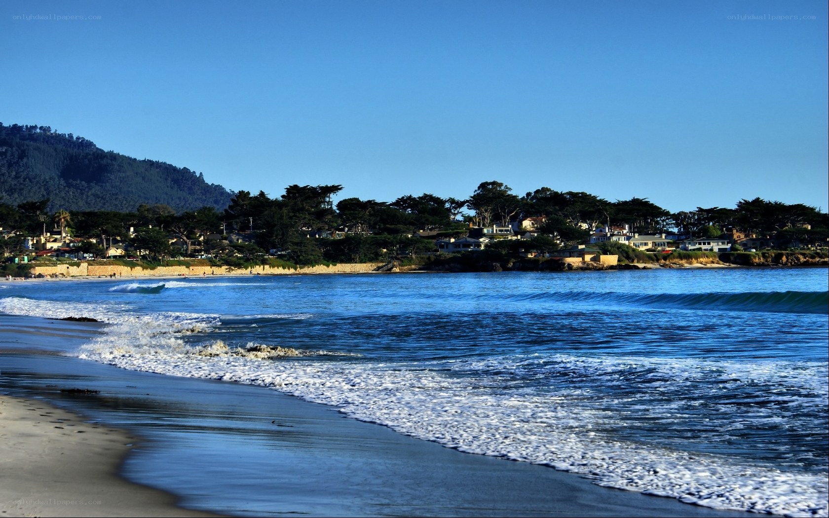 beach with waves and coastal town