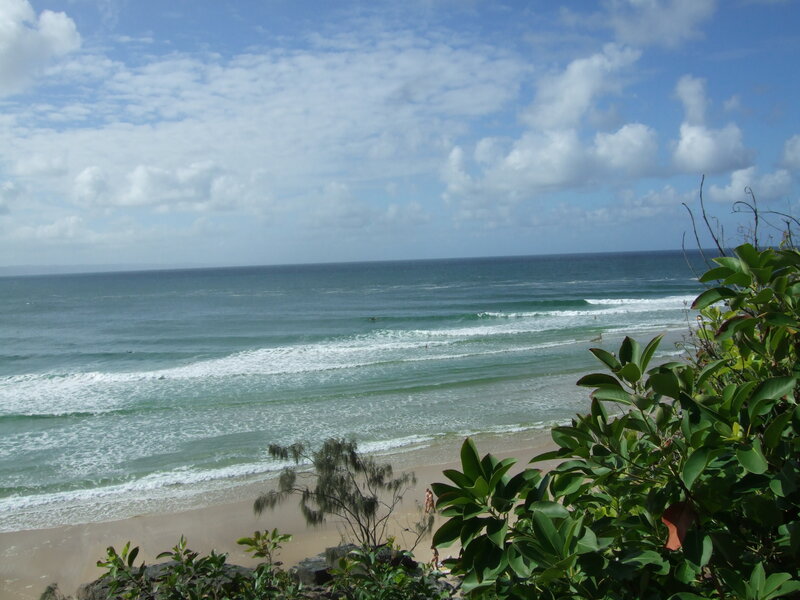 beach with waves and greenery