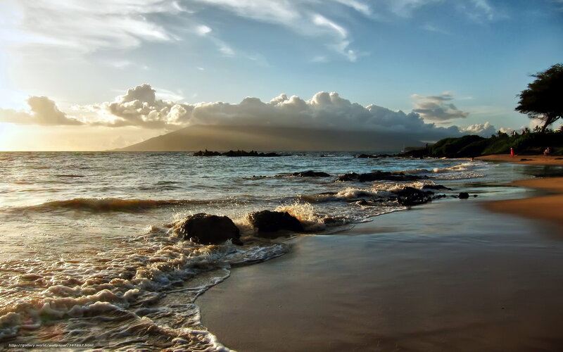 Beach with Waves and Rocks — Blue, Serene, Sunset