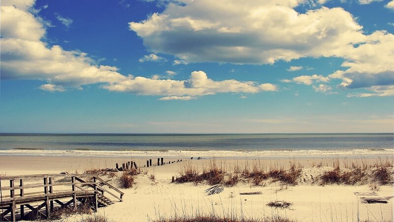 Beach with Wooden Walkway — Blue, Serene