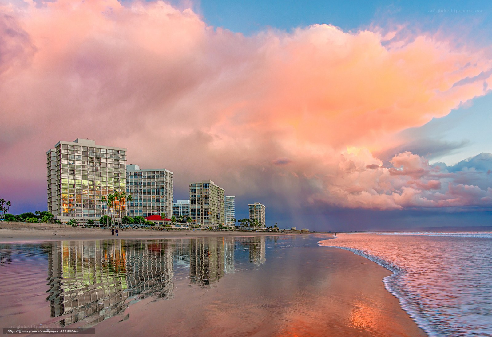 Beachfront buildings at sunset