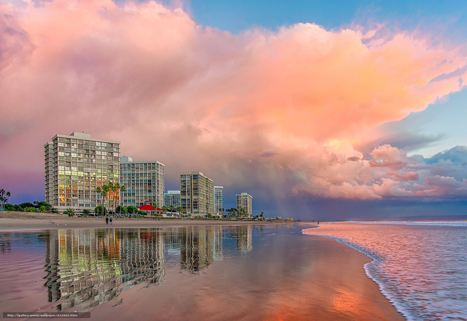 Beachfront buildings at sunset