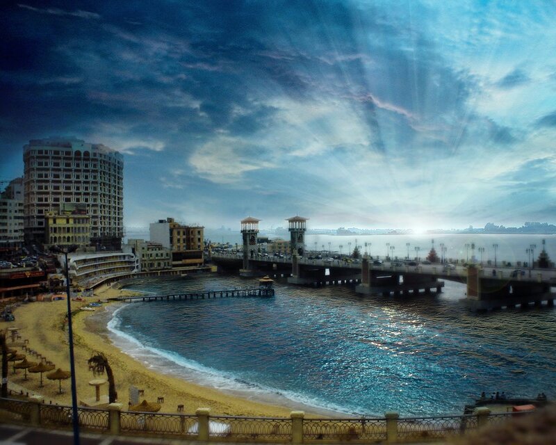 Beachfront city with bridge