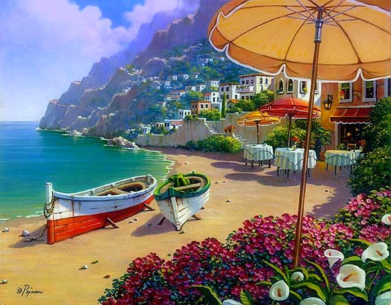 Beachside Cafe with Boats