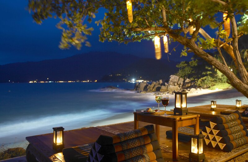 Beachside Dining Setup — Blue, Serene, Night, Photograph, Lanterns