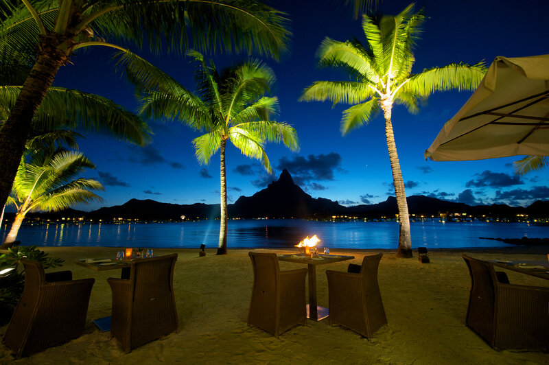 Beachside Dining Setup — Blue, Serene, Night, Photograph, Palm Trees