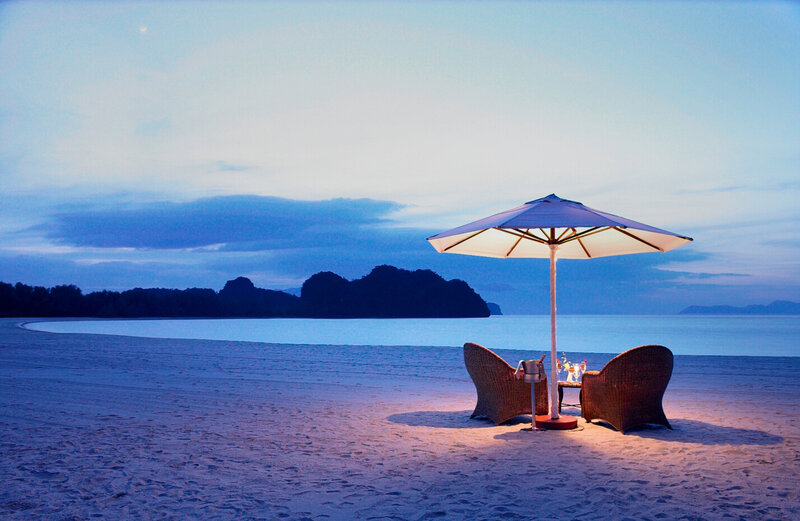 Beachside Dining Setup — Blue, Serene, Night, Photograph