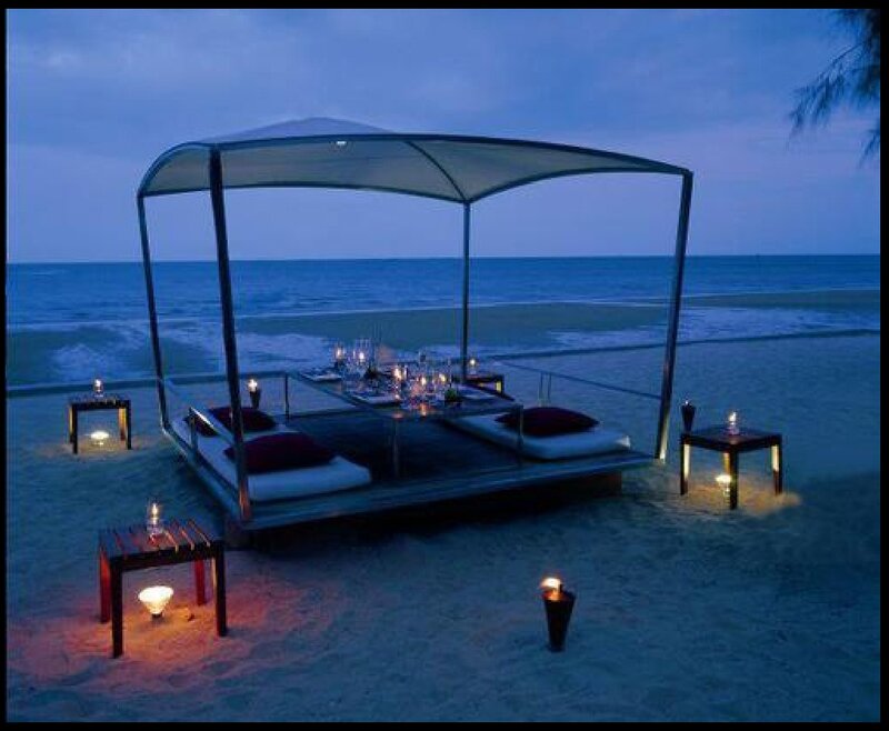 Beachside Dining Setup — Blue, Serene, Night