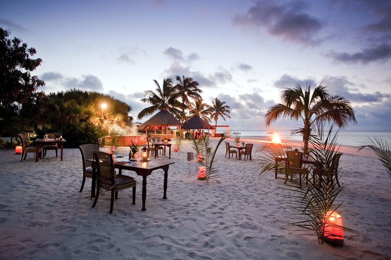 Beachside Dining Setup — White, Serene, Sunset