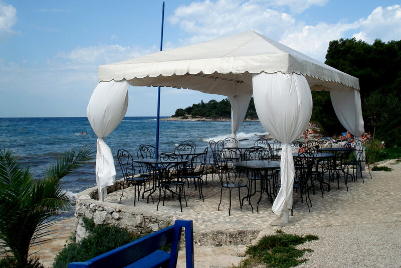 Beachside gazebo with tables