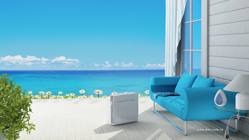 Beachside living room with air purifier