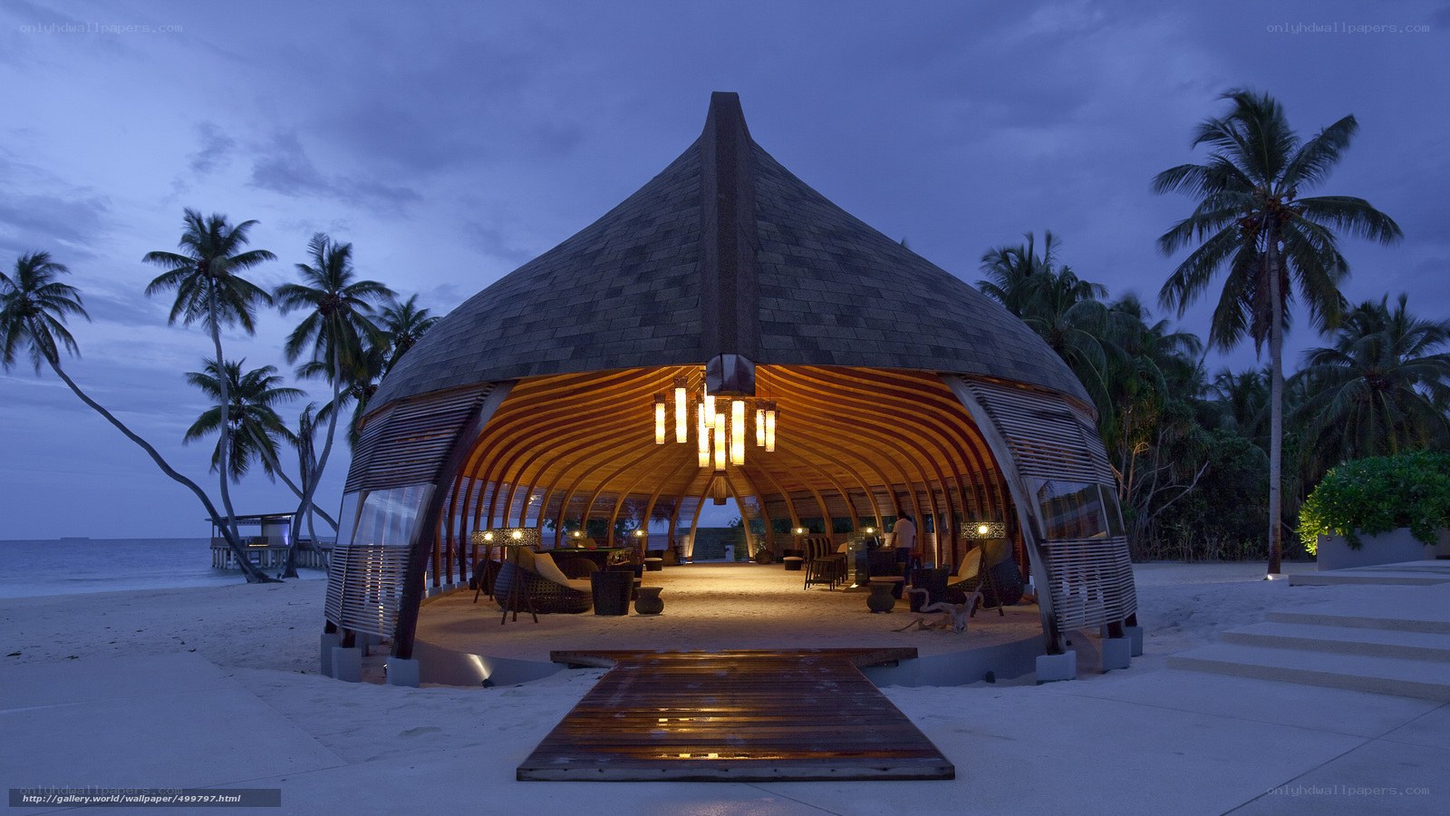 Beachside pavilion at dusk
