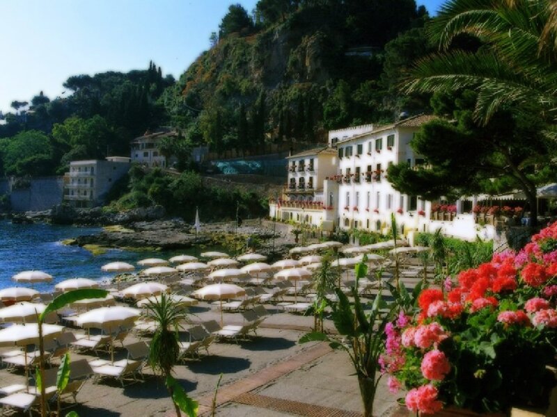Beachside resort with umbrellas