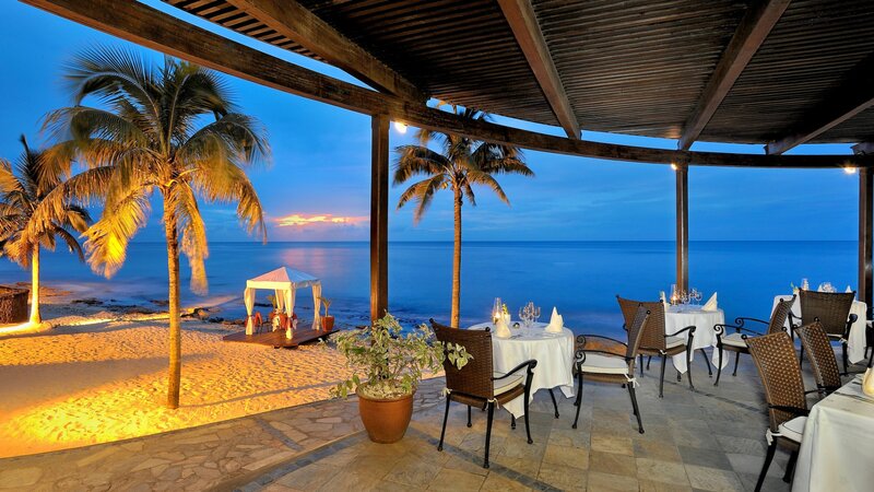 Beachside Restaurant at Dusk — Blue, Serene, Sunset