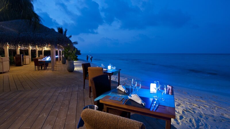 Beachside Restaurant at Night — Blue, Serene, Photograph, Tables