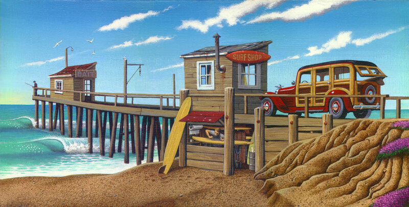 Beachside surf shop and pier