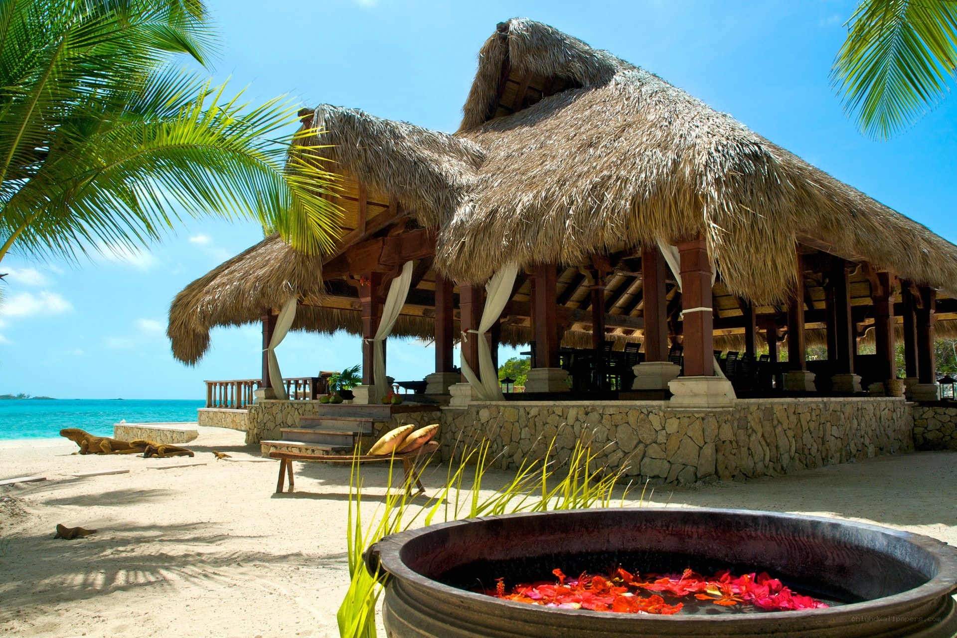 Beachside thatched hut with flowers