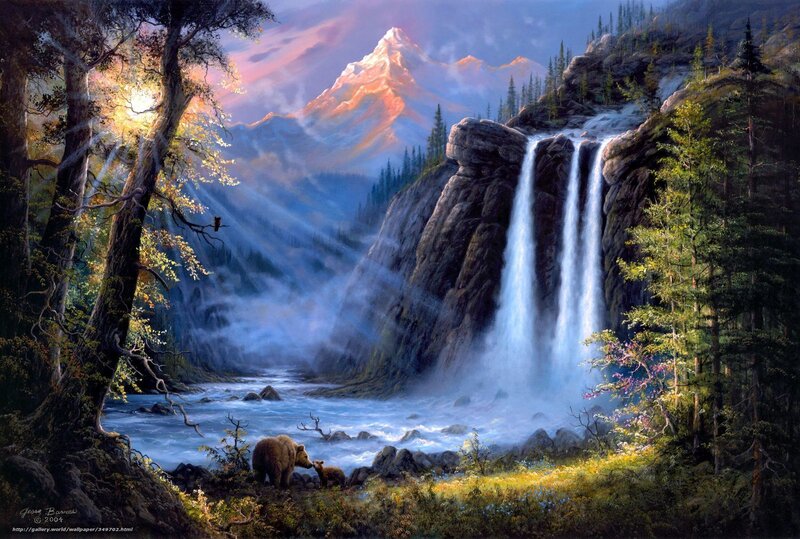 Bear and Cub by Waterfall — Blue, Serene, Sunrise