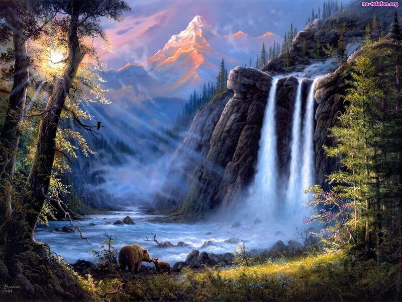 Bear and Cub by Waterfall — Blue, Serene, Sunset