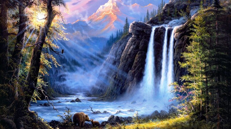 Bear and Cub by Waterfall — Blue, Serene