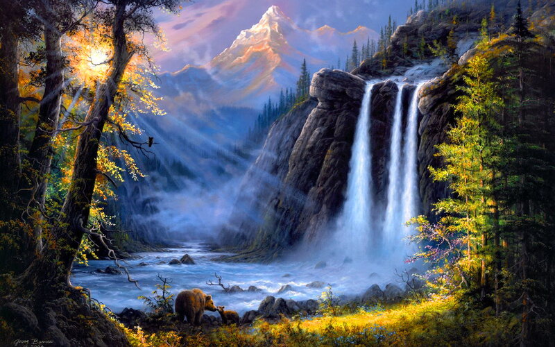Bear and Cub by Waterfall — Blue