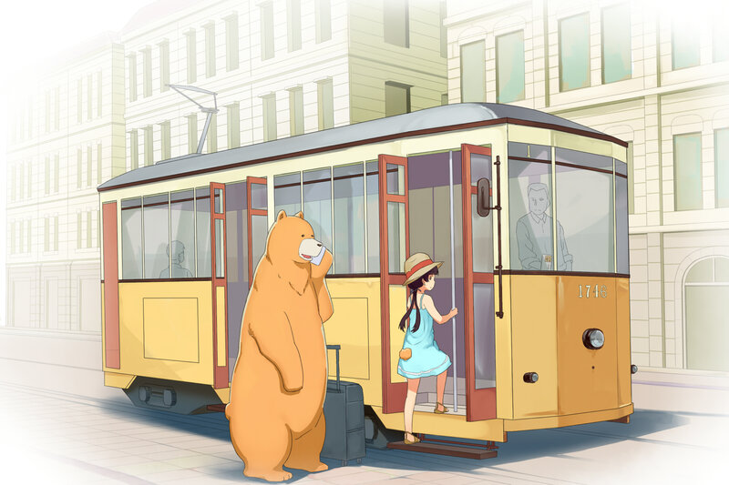 Bear and Girl at Tram