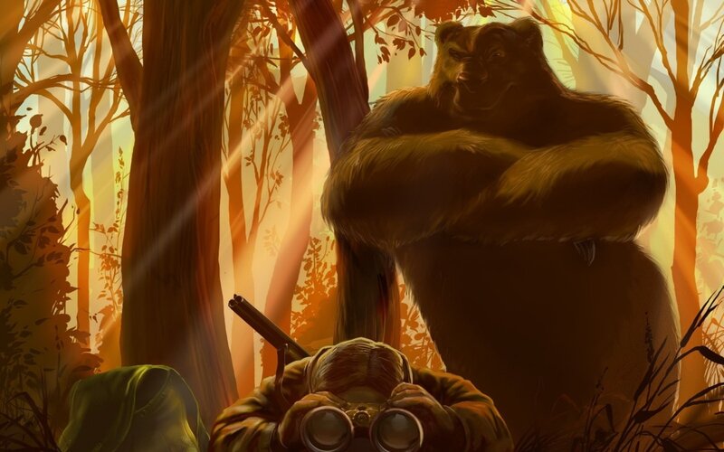 Bear and Hunter in Forest — Orange