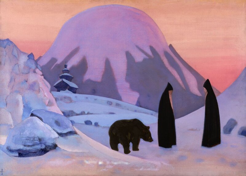 Bear and monks in snowy landscape