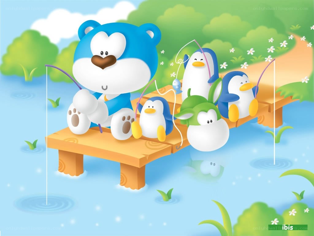 bear and penguins fishing