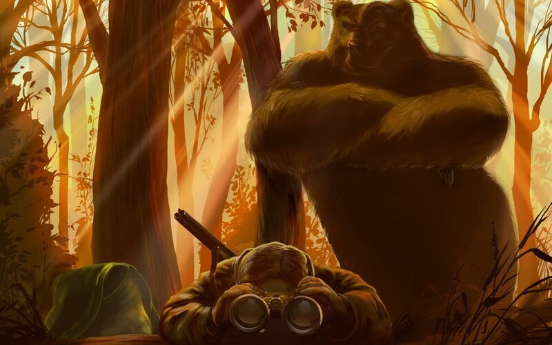 Bear and soldier in forest