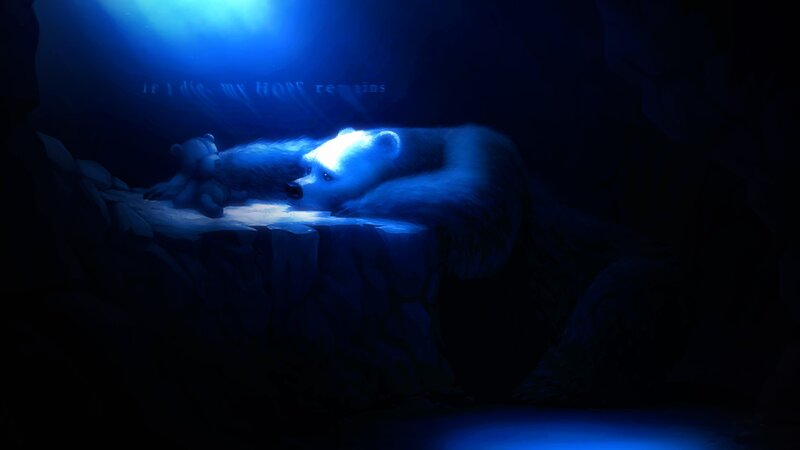 bear and teddy bear in cave
