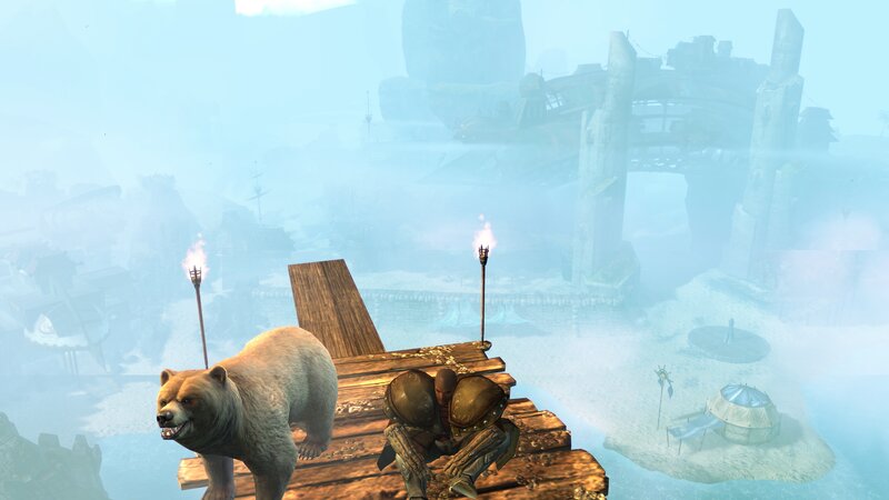 bear and warrior on a wooden platform